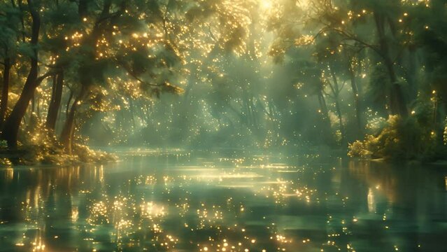A forest river filled with lots of yellow fireflies