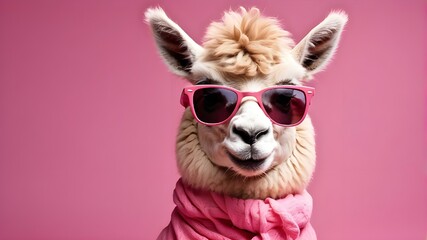 Cute lama alpaca with bubblegum wearing stylish pink sunglasses, isolated on a pink background with copyspace. Generative AI