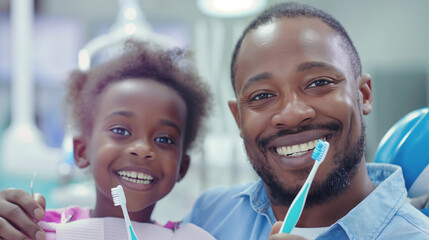 A smiling adult and child holding their new toothbrushes and dental hygiene kits after a successful visit, symbolizing positive outcomes. Dynamic and dramatic composition, with cop