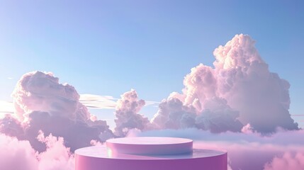 Surreal podium outdoor on blue sky pink violet pastel soft clouds with space.Beauty cosmetic...