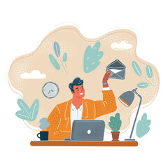 Cartoon vector illustration of young man send email, sitting at the desk.