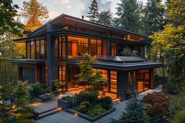 Generate an image of a modern house with a solar panel roof The house should be surrounded by trees and have a beautiful sunset in the background