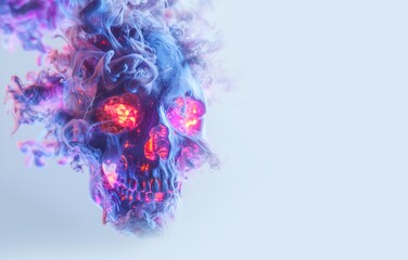Abstract skull in neon smoke. Fantastic skull on a plain background. Generative AI illustration
