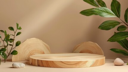 Wooden podium for the presentation of eco-products. A showcase made of natural wood on a beige background.