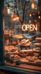 Obraz premium an inviting bakery window at dusk, the warm lights illuminating a variety of delectable pastries and an alluring neon 