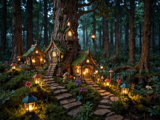 Fototapeta premium Hidden Fairy Village: Discover the Tiny Fairy Houses in an Enchanted Forest
