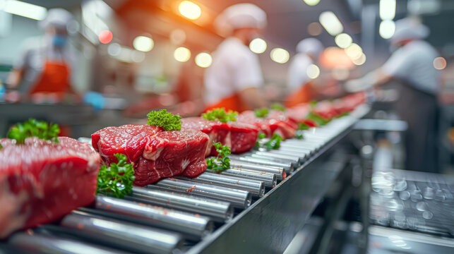 a meat processing plant, showing a close-up of the conveyor belt loaded with prime cuts of meat, the background a blur of activity with workers in protective clothing and hats.