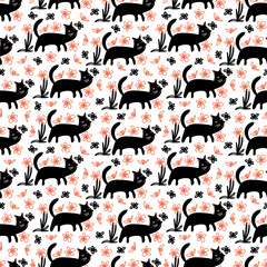 Obraz premium Vector seamless pattern cute black cats and flowers, butterflies on the white background. Texture for print, wrapping paper, cover, decor, banners.