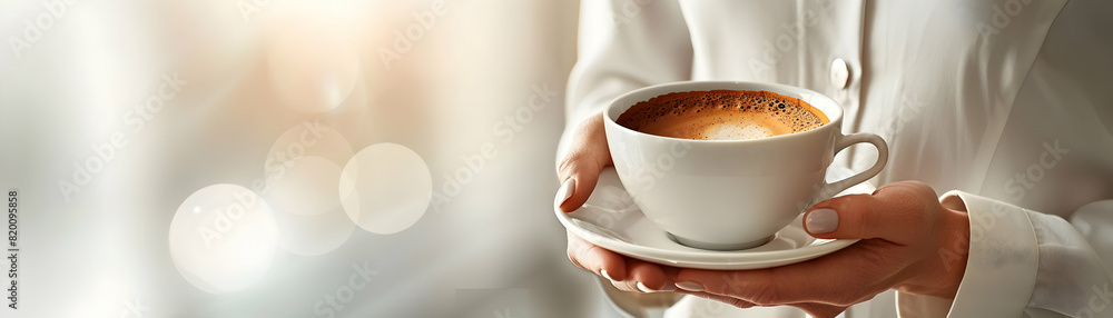 Poster employee efficiency: break time with coffee a concept of time management and productivity with an em