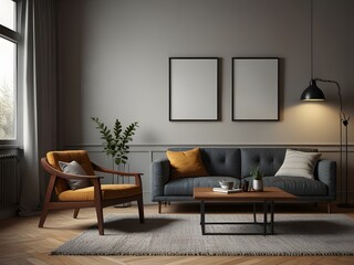 Elegant Wall Art: Picture Frame Mockup Enhancing a Living Room