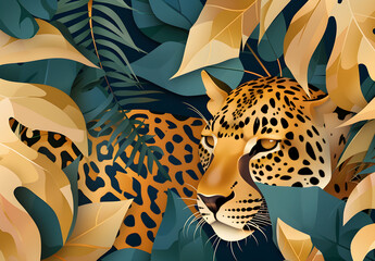 Tropical art nouveau and art deco print design featuring leaves and a leopard, perfect for fashion, home decor, and summer vacation vibes.