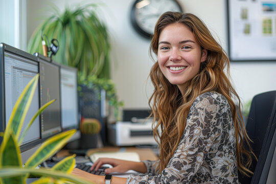 a professional woman with a friendly smile, sitting confidently at her desk in a modern office, working on a sleek, all-in-one computer, a clock on the wall marking the start of a productive day