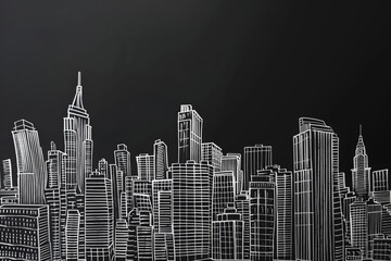 Drawing of a city skyline with skyscrapers on a blackboard