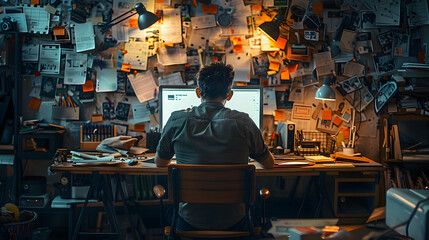 Photo realistic concept of an employee working late at a messy desk, representing poor time management, stress, and low performance in meeting deadlines   Stock Photo