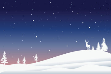 A fairytale winter landscape. Christmas background. There is a fantastic silhouette of white trees and deer with a dark background. Vector illustration