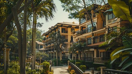 Fototapeta premium this image about the architecture of different building like hotel, resort, hospital, school, restaurant, office, business