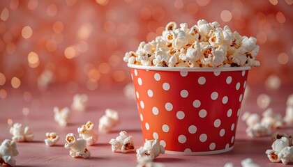 A red polka dot paper cup filled with popcorn by AI generated image - Powered by Adobe