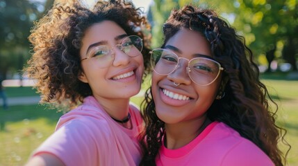 Fototapeta premium Female pals, selfie, and peace sign in park with grin, hug, or memory, blog, or web post. Girl, Gen Z students, happy for social media profile photos, photography, or outdoor photos.