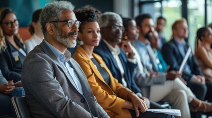 Business, presentation, and conference workshop attendees hear business strategy vision. Diversity of work seminar attendees focused on compliance at convention