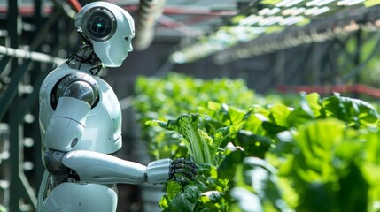 A robot harvesting lettuce in a modern greenhouse, representing the future of agriculture and robotics' role in farming automation.
