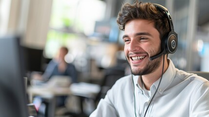 Telemarketing, customer service, and headset communication. Happy male telecom sales consultant and employee with headset, crm, and tech support.