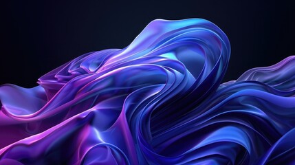 3d render of abstract background with wavy cloth in blue and purple colors on black, fluid design