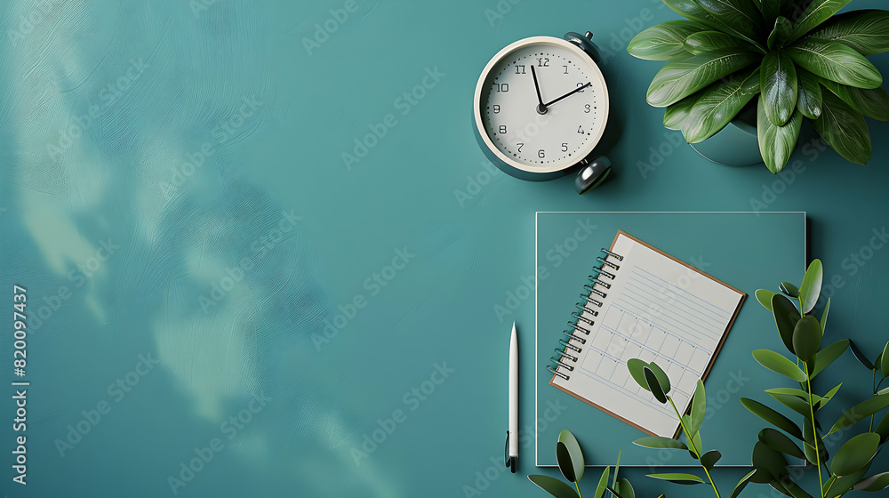 Poster efficient time management: organized desk with planner and clock symbol for workplace productivity