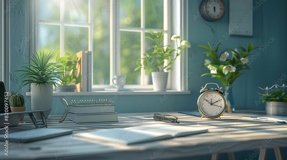 Poster efficient time management: photo realistic organized desk with planner and clock concept for high pr