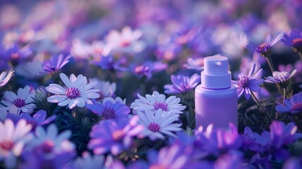 A cream bottle on a flower bed full of darker and light purple flowers.