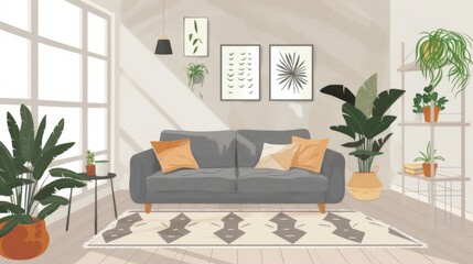 Cozy minimalist living room with a grey couch, a simple rug, and a few potted plants for a touch of greenery.