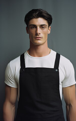 Fototapeta premium A man in a kitchen apron. Chef work in the cuisine. Cook in uniform, protection apparel. Job in food service. Professional culinary. Black fabric apron, casual stylish clothing. Baker. Generated AI