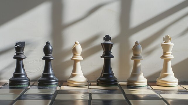 Various chess pieces arranged on a chessboard for a game