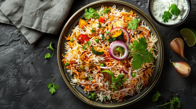 Delicious plate of vegetable biryani rice garnished with fried onions and served with raita yogurt sauce on the side