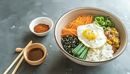 Gourmet Bibimbap Bowl with Sunny-Side-Up Egg and Kimchi