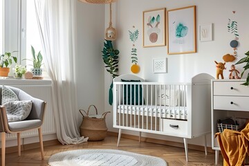 Baby room stylish interior with cute posters, chest of drawers and comfortable crib