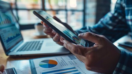 Entrepreneur examining a graph on a smartphone, showcasing business analytics and mobile work flexibility.