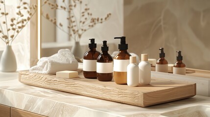 A mockup of  white and black skincare tubes on a wooden tray.