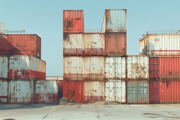 Port container, shipping, and logistical storage for international freight. Outdoor supply chain ecommerce stock, delivery, or commercial distribution.