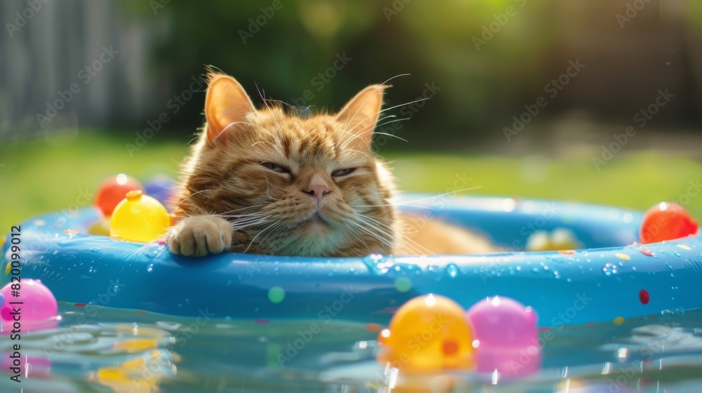 Poster Fat cat lounging in a small pool, partially submerged and looking relaxed, with colorful pool toys floating around.