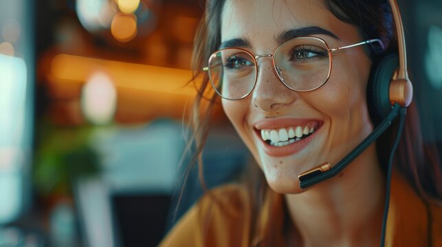 Customer support, home portrait, and joyful woman consulting on mike, headset, or telecom mockup. Freelance, remote studio, half-face closeup consultation service