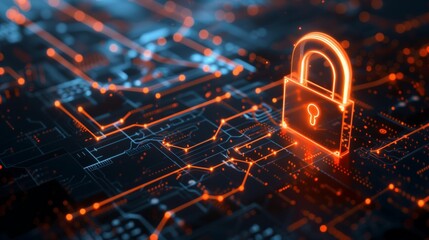 Explore a futuristic cybersecurity concept featuring a digital lock icon on a circuit board. This innovative illustration highlights themes of data protection and hightech security