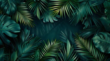 Fototapeta na wymiar tropical palm leaf and shadow, abstract natural green background, dark tone textures