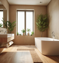 Beige bathroom interior with double sink and mirror, carpet on hardwood floor, bathtub, plants. Bathing accessories and window in hotel 