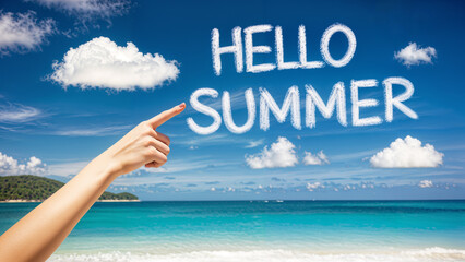 Hello summer message written on clouds in the sky over a exotic beach
