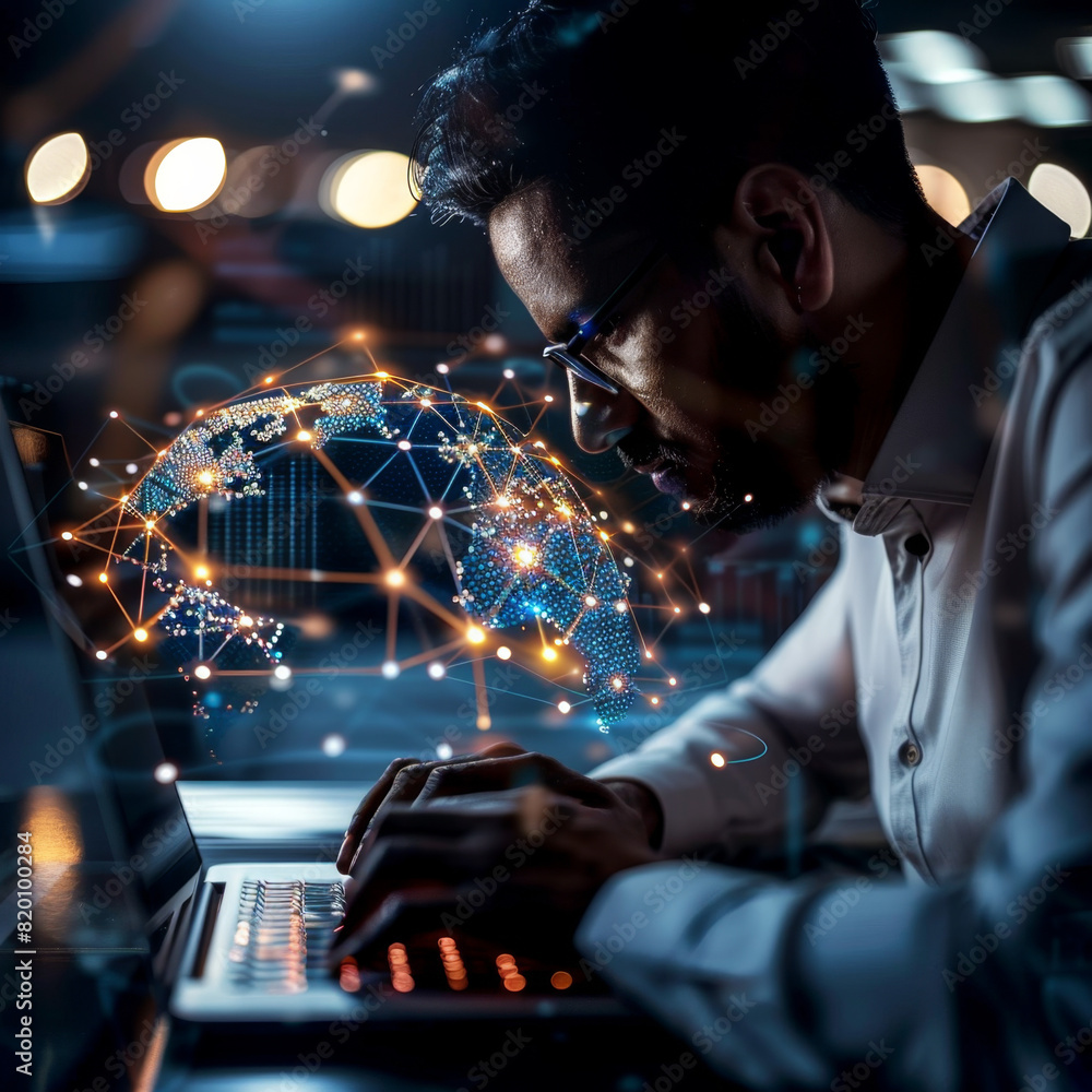 Poster a programmer intensely working on a laptop with a digital globe hologram, representing global connec