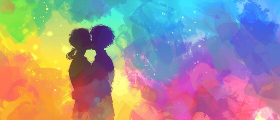 Anime couple with rainbow backdrop, love and pride, focus on, romantic equality, realistic, overlay, anime background