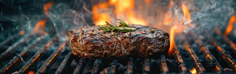 Smoky Summer BBQ: Square Food Photography of Tasty Beef Steak on Grill with Flames and Smoke in Background