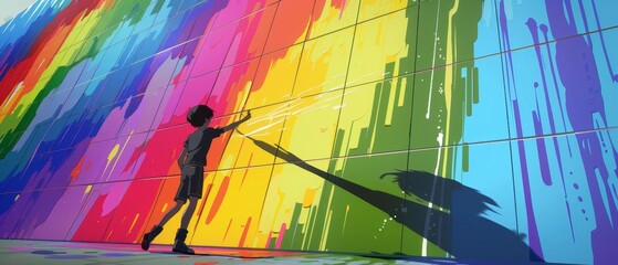 Anime character painting a pride mural, artistic expression, focus on, creative support, whimsical, manipulation, anime background