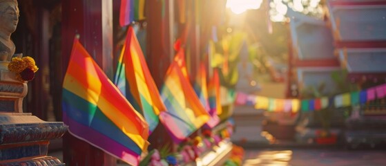 Fototapeta premium Thai temple with pride flags, cultural inclusivity, close up, blending traditions, vibrant, overlay, Thailand culture backdrop