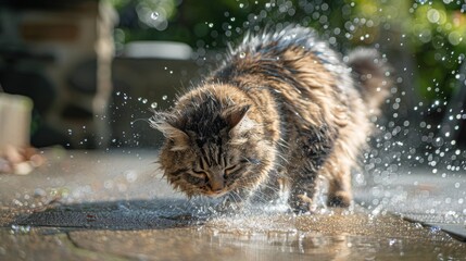 Fluffy, round cat playing with water droplets on a patio, having fun and getting a little wet.